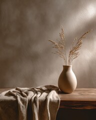 Elegant minimalist vase with dried grass on rustic wooden table
