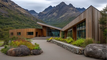 Eco-tourism lodge showcases responsible travel natural materials clean lines. AI generated