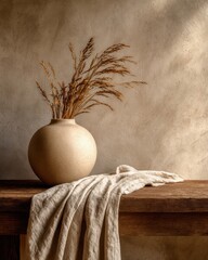 japandi interior decor with ceramic vase and dried grasses on wooden table