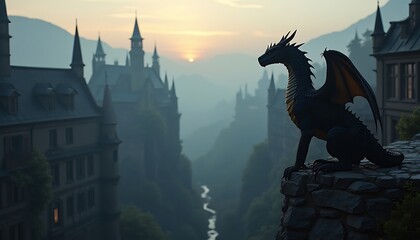 Mythical Black Dragon Resting on Stone Wall Overlooking Fantasy Castle