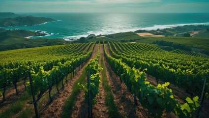 Aerial Perspective of Lush Vineyard Overlooking the Ocean