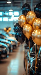 Caravan of gleaming vehicles adorned with golden and black balloons at a bustling car dealership during a festive event