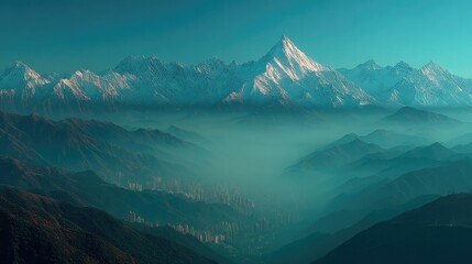 Majestic Mountain Panorama: Towering snow-capped peaks pierce the serene sky above a layered landscape of rolling hills, shrouded in an ethereal mist, evoking tranquility and the raw power of nature.