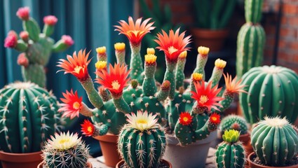 Cactuses and Succulents. Blooming Summer Heat-Loving Plants, Grown By Man At Home.. With Empty Copy Space For Text