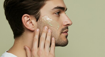 Handsome man applying skincare gel to his face, promoting healthy skin.