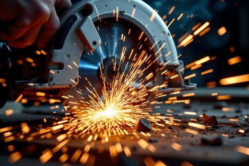 Sparks Flying: A close-up shot captures the intense energy of a circular saw in action, the blade slicing through material, igniting a cascade of fiery sparks.