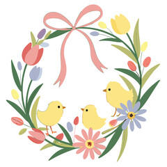 Adorable easter wreath spring blossoms cute chicks eggs bunny pastel yellow floral flowers holiday
