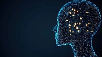 Obraz premium A digital human head with glowing network connections, symbolizing artificial intelligence and digital thinking.