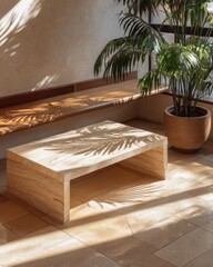 Sunlit modern interior with travertine coffee Travertine table and lush indoor plants