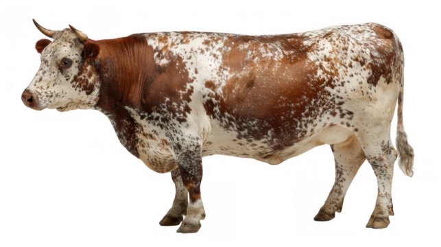Brown and white cow with prominent horns standing in profile against a transparent background, highlighting a unique spotted coat and robust physique typical of livestock