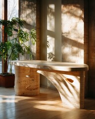 Sunlit stone table with indoor plants and modern architectural design