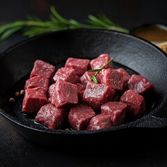 Raw beef steak and meat on plate and frying pan fresh ingredients for cooking