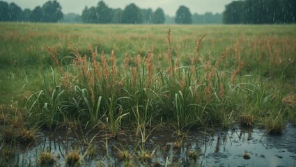 Grassland on a rainy day with empty copy space for text.