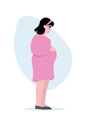 Pregnant woman standing full length in profile. Happy future mother. Vector flat graphics.