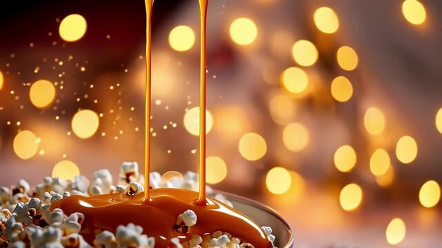 Caramel sauce pouring over popcorn against a bokeh background. Sweet treat, movie night.