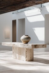 Contemporary art gallery interior with natural light and ceramic vase display