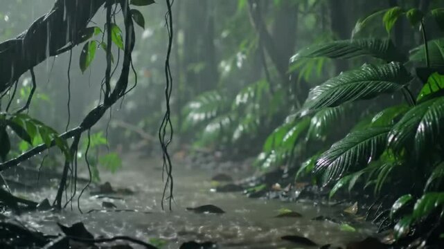 A cinematic close-up view of a lush tropical rainforest with wet green leaves, ambient mist, and soft light, evoking a calm and natural atmosphere