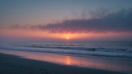 Obraz premium Foggy sunset on the beach with empty space for text.