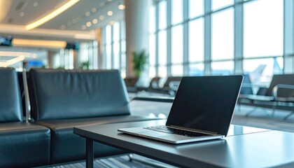 Laptop on table at a modern airport terminal, with a blurred background of seating and large windows