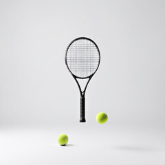 Tennis racket with two tennis balls, emphasizes the balance and precision of the sport. Minimalistic background