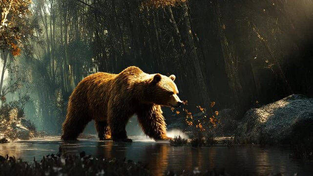 A bear is walking through a forest near a river. The bear is brown and he is in a peaceful mood