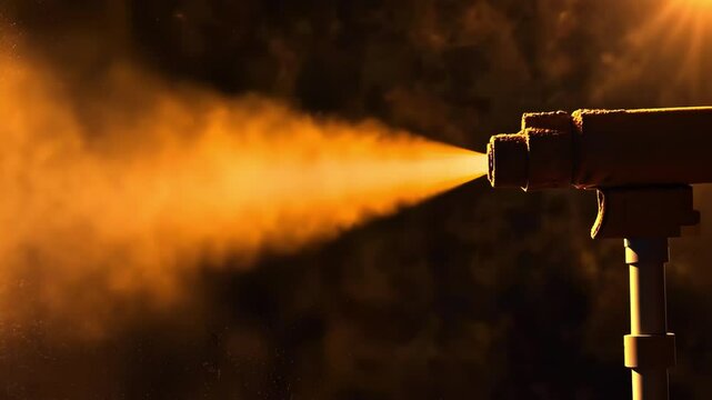 Close-up of industrial spray gun spraying orange powder coating, dark background