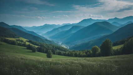 Naklejka premium Carpatian Summer Landscape with Beautiful Mountains and Blue Sky Background, featuring Empty Copy Space for Text