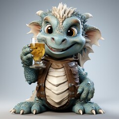 A cheerful dragon mascot, holding a glass of beer, celebrating St. Patrick's Day, Commercial advertising product photography concept.