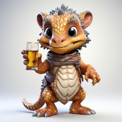 A cheerful dragon mascot, holding a glass of beer, celebrating St. Patrick's Day, Commercial advertising product photography concept.