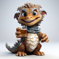 A cheerful dragon mascot, holding a glass of beer, celebrating St. Patrick's Day, Commercial advertising product photography concept.