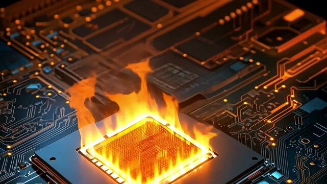 CPU on fire, circuit board, technology failure, overheating