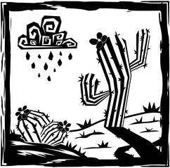 Scene with cacti and rain in the Brazilian cordel style. woodcut background frame from northwest Brazil
