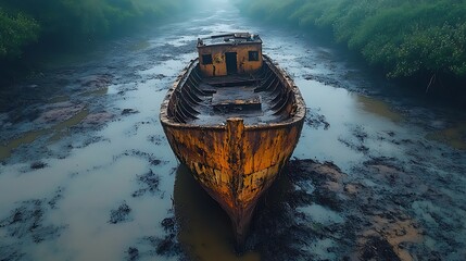 Old boat in abandoned polluted waterway High Resolution Picture