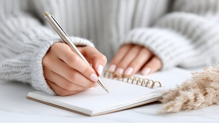 businesswoman career goal-setting. Cozy hands writing in a notebook with a silver pen on a light surface.