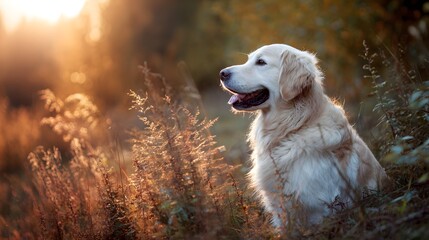 Golden retriever basking in golden hour glow, embodying serenity and warmth of nature's embrace	