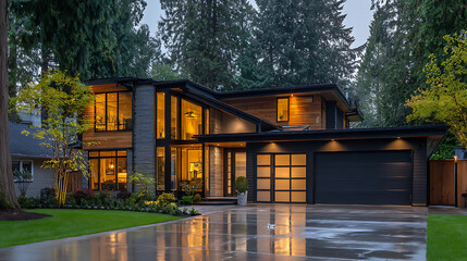 Obraz premium Contemporary modern house exterior at dusk with warm glowing windows, showcasing architectural details and cozy ambiance enhanced by soft garden lighting, shallow depth of field.