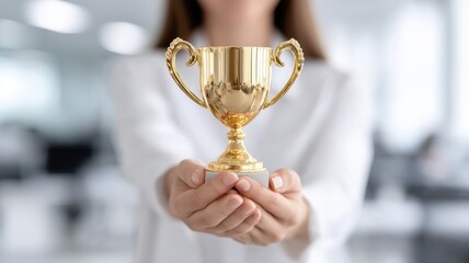 businesswoman career goal-setting. A person holds a golden trophy with a blurred office background.