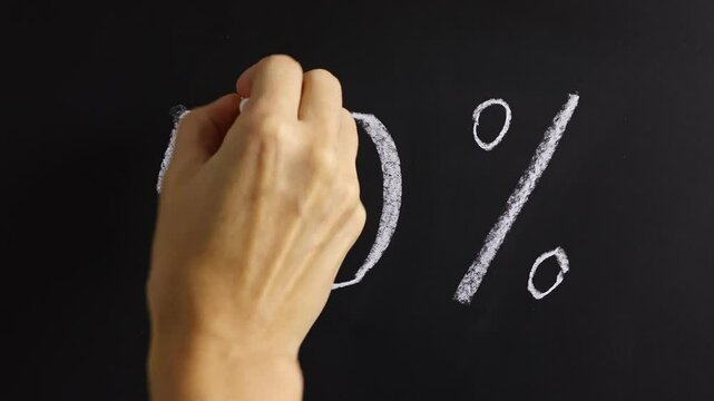 Closeup view of hand writing 50% on black chalkboard background. Concept of promotion sale announcement, advertising, discount, tax cut, tariffs increase, off season price decrease, special rate offer