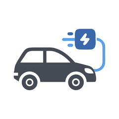 Fototapeta premium Electric car with charging cable vector icon in blue and black outline style on transparent background for eco-friendly transport design
