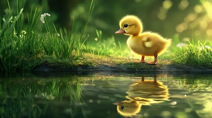 Curious Duckling by a Pond