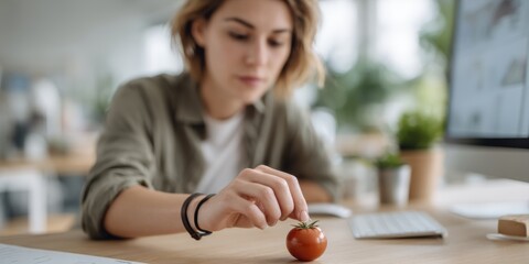 businesswoman career goal-setting. A woman examines a small tomato at a desk with a computer and plants nearby.