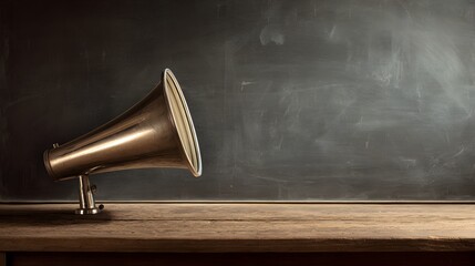 Vintage megaphone on wooden podium, evoking timeless communication and authority