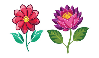 Two stylized flowers with green leaves