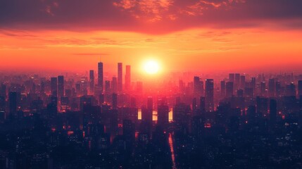 Obraz premium Cityscape sunset aerial view, fiery sky, urban panorama, sunrise