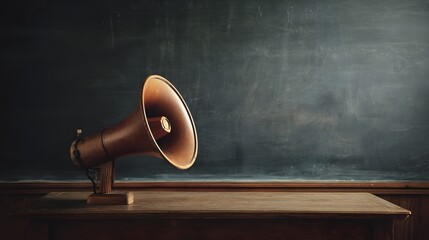 Vintage megaphone on wooden podium, evoking timeless communication and authority