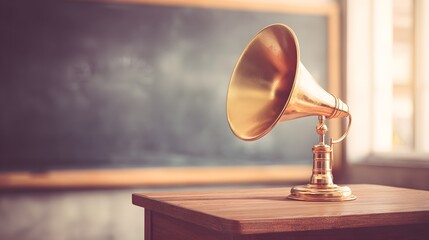 Vintage megaphone on wooden podium, evoking timeless communication and authority