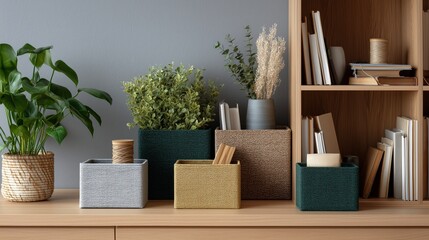 Home storage boxes sit on shelf in modern interior style. AI generated.