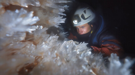 Cave Exploration Adventure: A Spelunker Crawls Through a Narrow Cave
