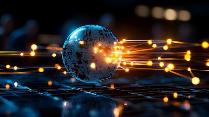 Modern Digital Globe with Light Trails and Network Connections