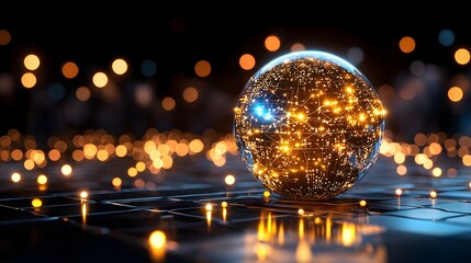 Futuristic Globe with Glowing Network Lights on Dark Background